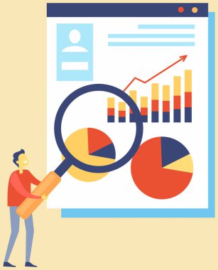 Büyüteçle çalışan erkek ofis çalışanı grafikler ve grafiklerle sunumdaki indeksleri analiz eder