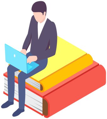 Çevrimiçi eğitim, medya kütüphanesi, e-öğrenme. Genç iş adamı dizüstü bilgisayarla kitap yığınının üzerinde oturuyor.