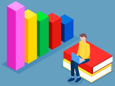 Adam istatistik okuyor. Diyagramda veri analizi. Adam dizüstü bilgisayarla çalışıyor, kitap yığınının üzerinde oturuyor.