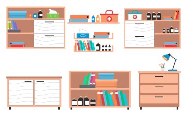 Klinikte ya da hastanede içişleri için tıbbi dolap ya da gardırop, şişeli raflar, ilk yardım