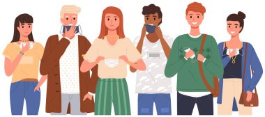 Tıbbi maske takan bir grup insan. Çizgi film karakterleri koruyucu maskelerini çıkarıp gülümserler.