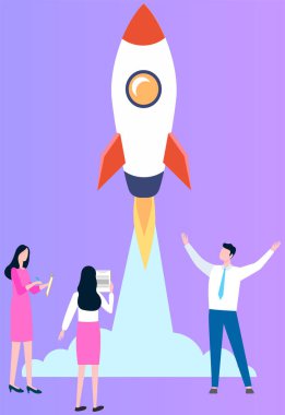 Mutlu insanlar uzay roketine neşeyle eşlik eder. Proje başlatma ve geliştirme süreci