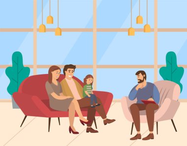 Ebeveynler, çocuklar ve erkek psikolog ya da psikoterapist arasındaki konuşma. Aile psikoterapisi