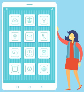 Basit uygulama simgeleriyle dokunmatik beyaz akıllı telefon. Mobil teknoloji aygıtı cep telefonu