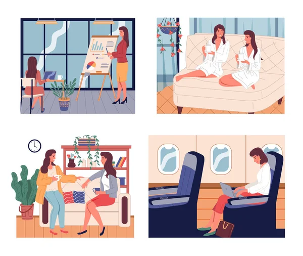 女人的生活，在飞机上或办公室里做生意的女人，和朋友一起在家里放松的女人，收集 — 图库矢量图片
