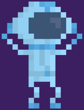 Uzay giysisi giymiş bir uzaylı. Koyu mor arka planda bir astronot. Uzay pikseli oyun düzeninde UFO