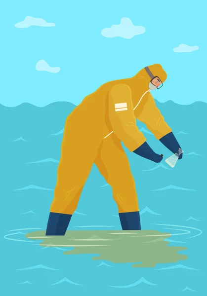 Koruyucu giysili bilim adamları kirlenmiş su örnekleri topluyor. İnsan okyanusun durumunu analiz eder. — Stok Vektör