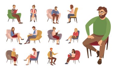 Erkek psikolog sandalyeye oturur. Uzmanlardaki farklı insanlar kişisel sorunlara karar verirler.