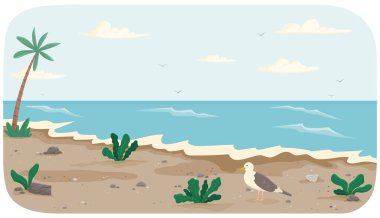 Deniz kıyısında tuzlu su ve palmiye ağaçları olan bir manzara. Koyu kumların üzerinde duran martı