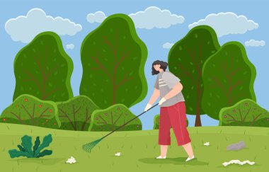 Kadın karakter, plastiği ve kağıt atıklarını parktaki tırmıkla veya baharda otlakla temizliyor