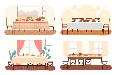 Yemek odası dizaynı düz vektör çizimi. Yemek masası ve sandalyeler yakınlarda.