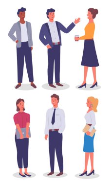 İş kadınları ve işadamları farklı stil ofis kıyafetleri, ön, yan görüş, çekici insanlar.