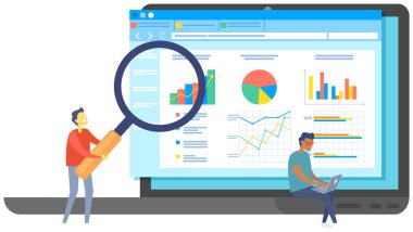 Büyüteçle çalışan erkek ofis çalışanı, grafikler ve grafiklerle sunumdaki indeksleri analiz ediyor