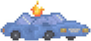 Mavi yanan araba beyaz arka planda izole edilmiş. Çatıda yangınla yok edilen nakliye aracı