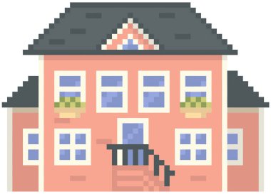 Beyaz arka planda izole edilmiş bir ev. Piksel oyun tasarımı için birçok penceresi olan apartman binası