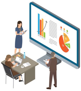 İş adamı meslektaşlarına sunum yapar. Ofis çalışanları göstergeleri tartışıyor, iletişim kuruyor