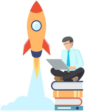 Adam yeni projesini sunar dizüstü bilgisayarla oturur, konsepti başlatır. Roket havalanıyor.