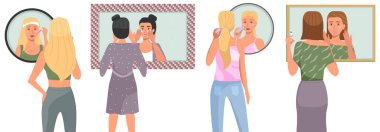 Sabah rutininin teması üzerine bir dizi çizim. Kadınlar tuvalette derilerini temizler.