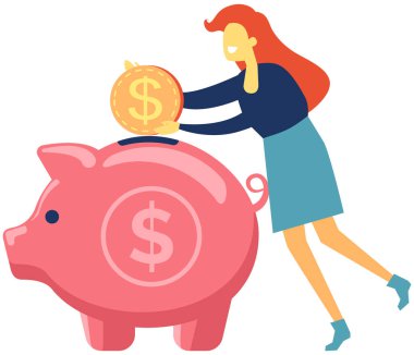 Para biriktiriyorum. Kadın domuz kumbarasına altın para koyuyor. İş finans ve yatırım kavramı