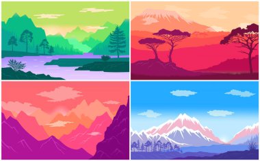 Macera zamanı, çok renkli ve güzel manzaralı bir poster. Dünya turu.