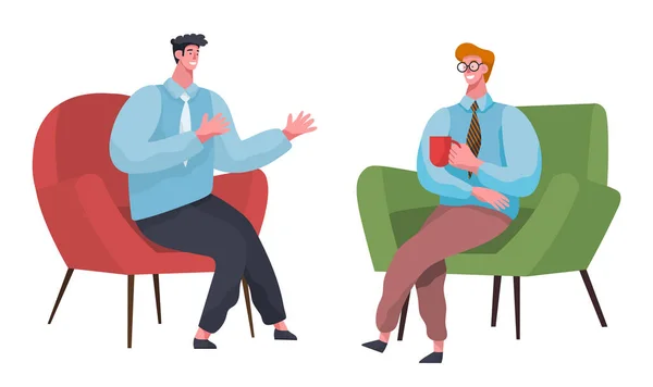 Бизнесмены в формальной одежде сидят вместе на стульях, разговаривают, пьют кофе. — стоковый вектор