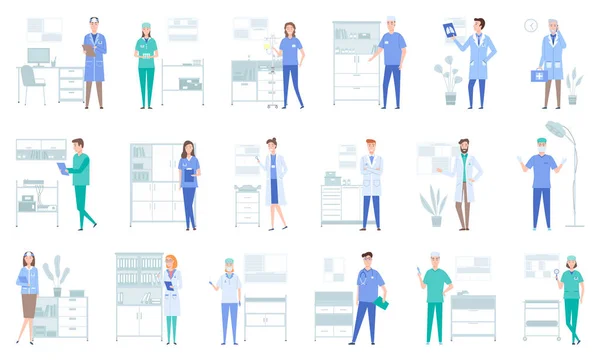 Συλλογή απεικονίσεων σχετικά με τους γιατρούς που εργάζονται με εξοπλισμό και όργανα. Έννοια ιατρικών υπηρεσιών — Διανυσματικό Αρχείο
