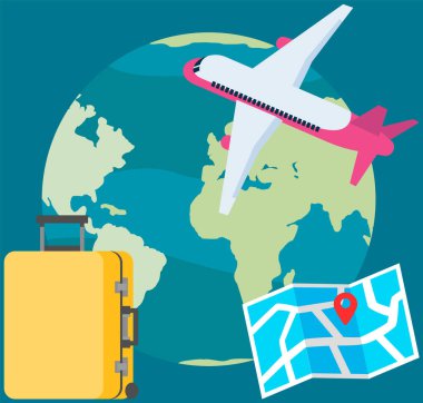 Seyahat uçağı, dünyanın etrafında uçan uçak. Seyahat için işaretli ve valizli turist haritası