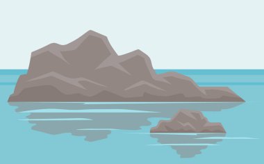 Deniz kıyısında tuzlu suyla kaplı bir manzara. Dalgalar kayalara çarpar ve vektör çizimini dağıtır.