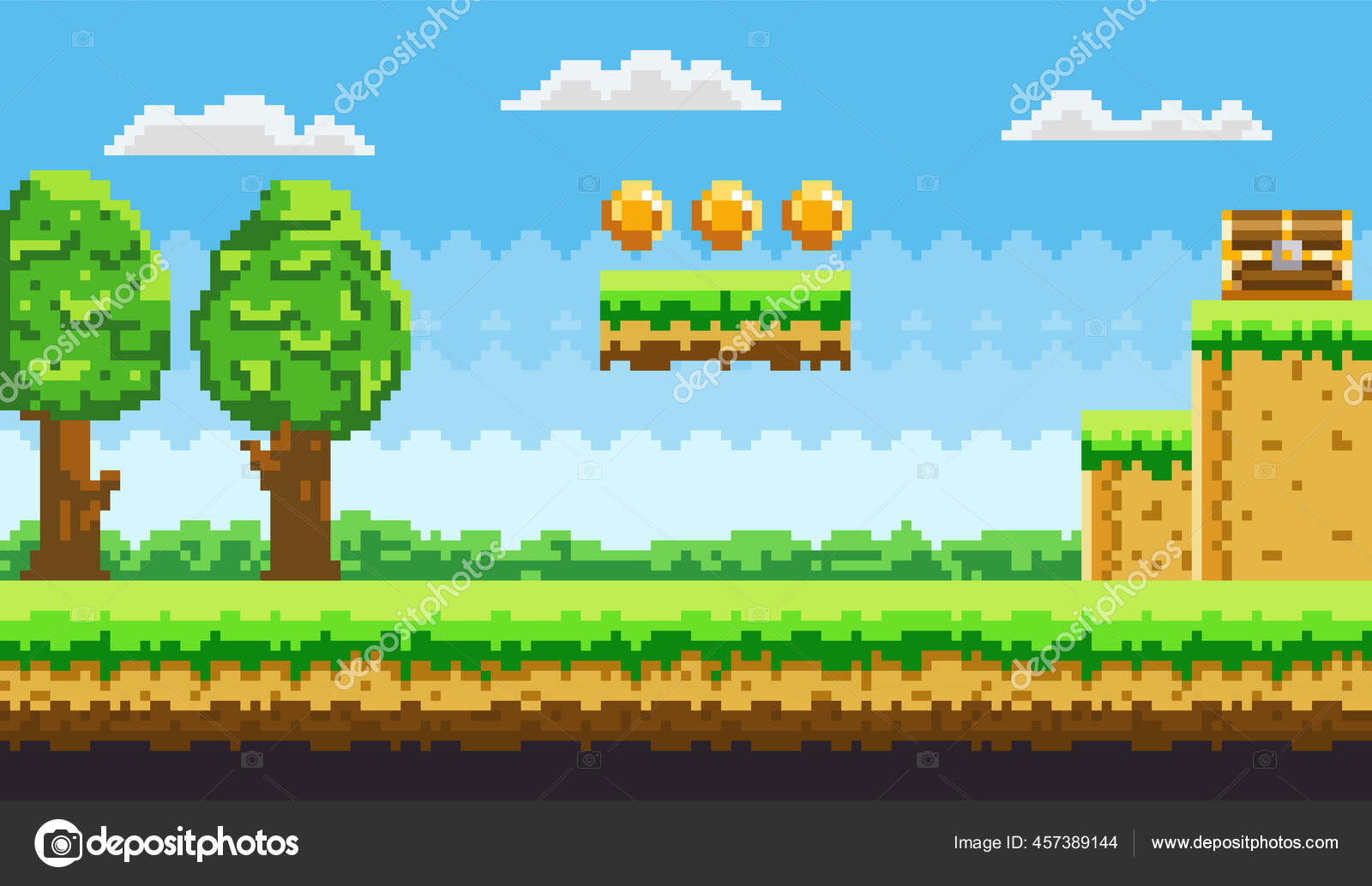 Фон Пиксельной Игры С Монетами В Небе. Игра В Пианино С Зеленой.