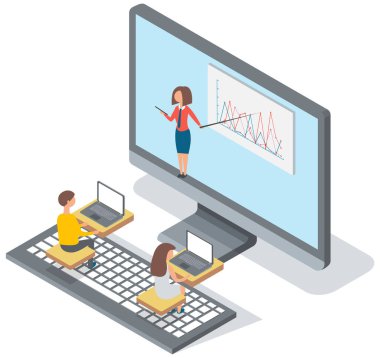 Profesör ve öğrencilerle üniversite konferansı. Kadın öğretmen çevrimiçi bir konferans veriyor.