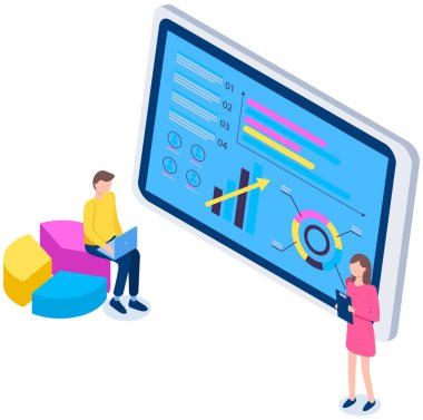 Çevrimiçi öğrenme kavramı. İnsanlar istatistik okuyor ve veri analizi vektör illüstrasyonuyla çalışıyorlar
