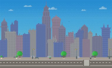 Şehir merkezindeki gökdelen siluetleriyle. Gökyüzünün arka planında alçak binalar