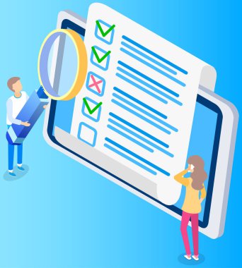 Tabletteki online form araştırması. Meslektaşlar büyüteçle kontrol ediyorlar. İnsanlar cevapları tartışıyor