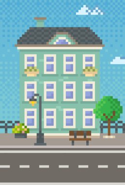 Yeşil alanlar ve bitkilerle çevrili bir ev. Piksel oyun tasarımı için birçok penceresi olan bina