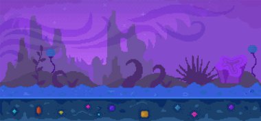 Piksel oyun arayüzü tasarımı. Yerin içinde renkli kristaller olan karanlık uzaylı sokağı.