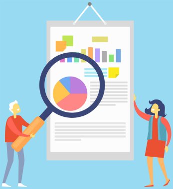 İstatistiksel diyagramı olan, belgenin yanında büyüteç taşıyan bir adam. Veri analizleri, yıllık rapor