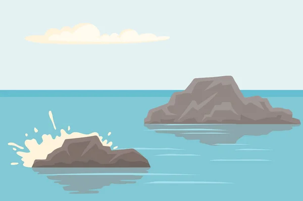 Deniz kıyısında tuzlu suyla kaplı bir manzara. Dalgalar kayalara çarpar ve vektör çizimini dağıtır. — Stok Vektör