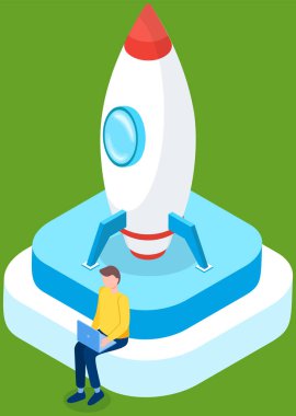 İşadamı dizüstü bilgisayarla gökyüzüne roket fırlatıyor. Proje başlatma ve geliştirme süreci