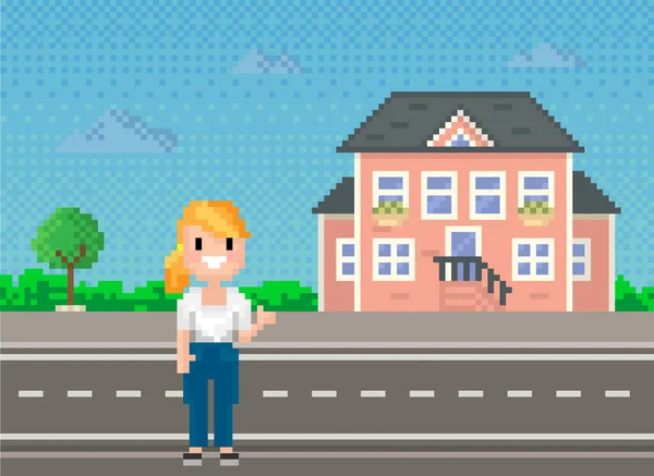 Mujer píxel para el diseño de pixel-juego de edad se encuentra sobre el fondo de paisaje urbano con la carretera y la construcción — Archivo Imágenes Vectoriales