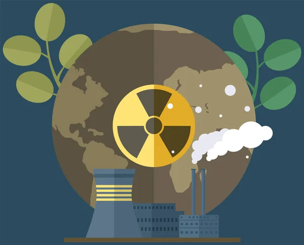 Fabricação polui o ar ea atmosfera. Planeta com símbolo de radiação. Libertação de resíduos radioactivos — Vetor de Stock