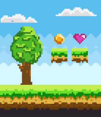 Yeşil çimen platformu ve mavi gökyüzüne karşı uzun ağaç ve pikselli ödüllerle pikselli sanat oyunu sahnesi