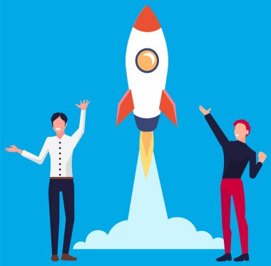 Mutlu adamlar uzay roketine neşeyle eşlik ediyor. Proje başlatma ve geliştirme süreci