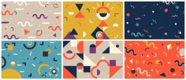 Bir dizi soyut tasarım, geometrik şekillerle dekore edilmiş düz vektör arkaplanı.