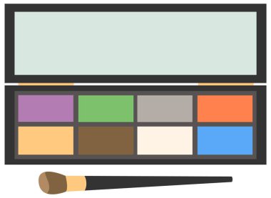 Göz makyajı paleti. Renkli pigmentli siyah bir çanta. Fırçayla ayarlanmış gölgeler