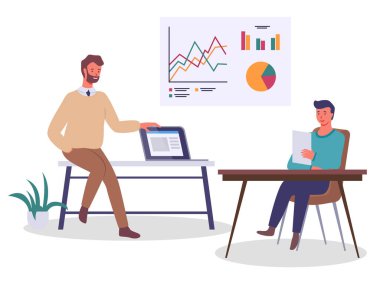 İş adamları, elinde dizüstü bilgisayar tutan adam, belge okuyan adam. Analitik verilerle dolu bir tahta. Düz resim