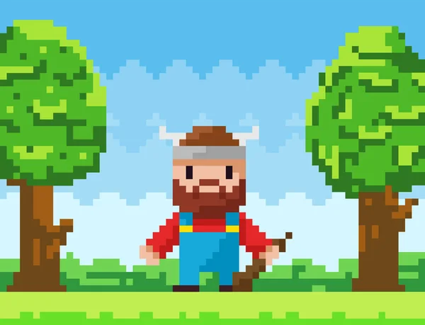 Vecteur pixel-jeu personnage courageux viking. Pixélisé homme barbu avec club dans la nature paysage — Image vectorielle