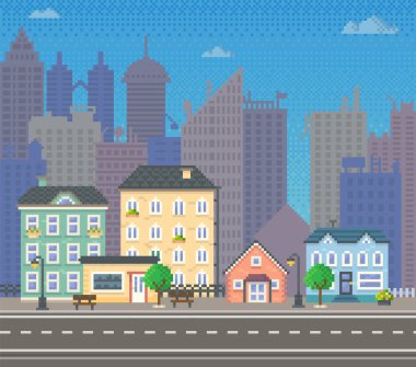 Şehir merkezindeki gökdelen siluetleriyle. Gökyüzünün arka planında alçak binalar