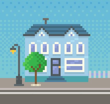 Yeşil alanlar ve bitkilerle çevrili bir ev. Piksel oyun tasarımı için birçok penceresi olan bina