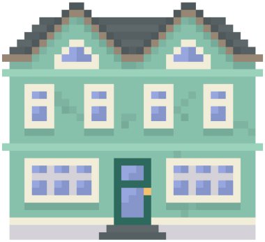 Beyaz arka planda izole edilmiş bir ev. Piksel oyun tasarımı için birçok penceresi olan apartman binası