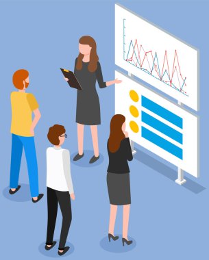 Finansal istatistikleri analiz eden iş adamları. Kadın öğretmen istatistiksel analiz öğretiyor